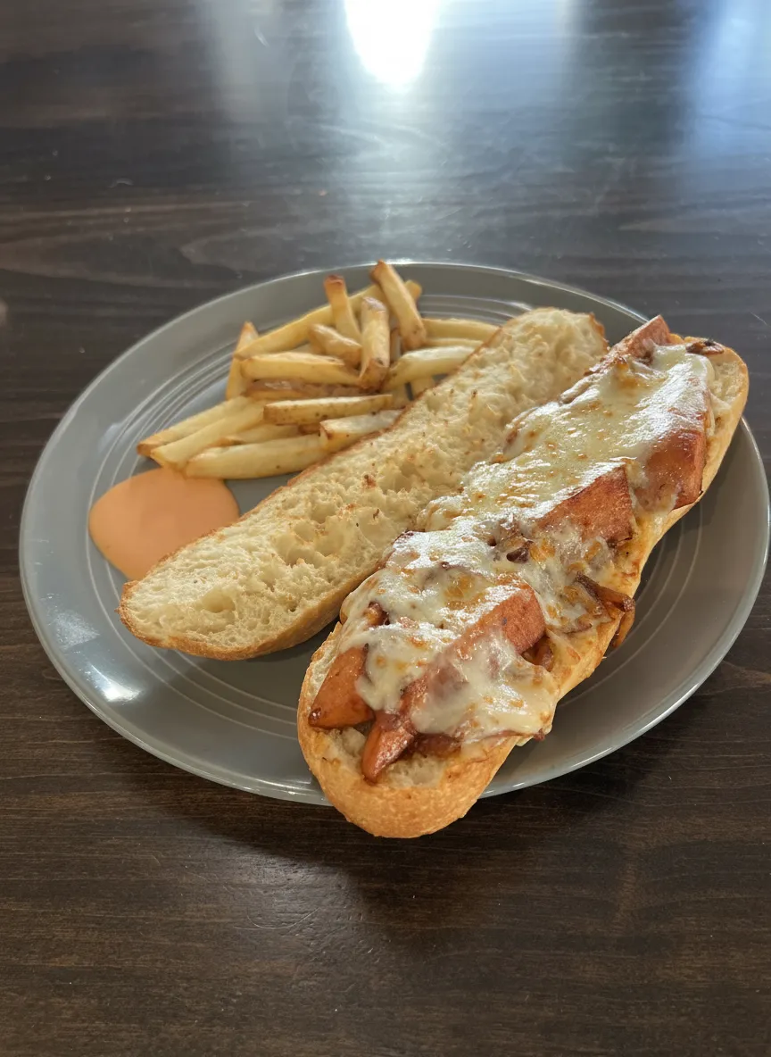 Cheesy sausage sandwich with fries and sauce